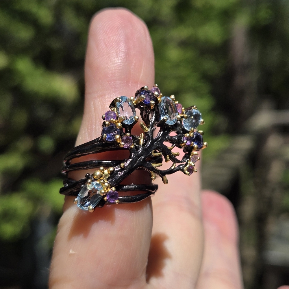 πHOST PICK π Blue Topaz Lolite & Amethyst Sterling Rhodium & Gold ring sz6.75 - Picture 11 of 13